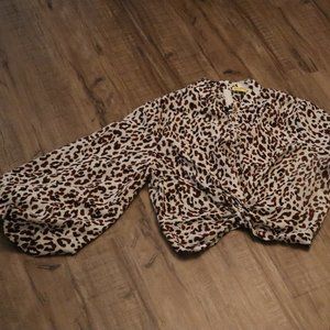 Leopard Print Bishop Sleeve Top with Front Knot